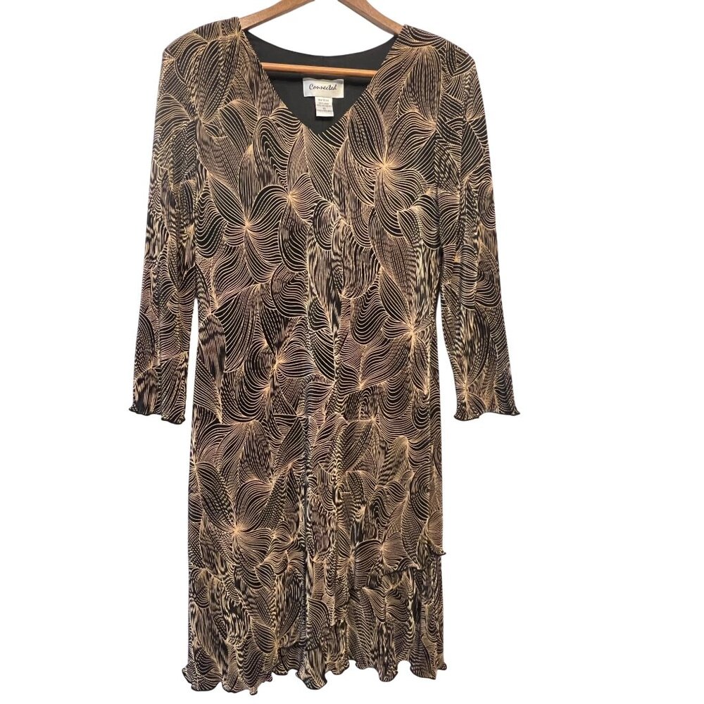 VTG Connected Midi Boho V-Neck Floral Dress Black Champaign Mature Office Y2K